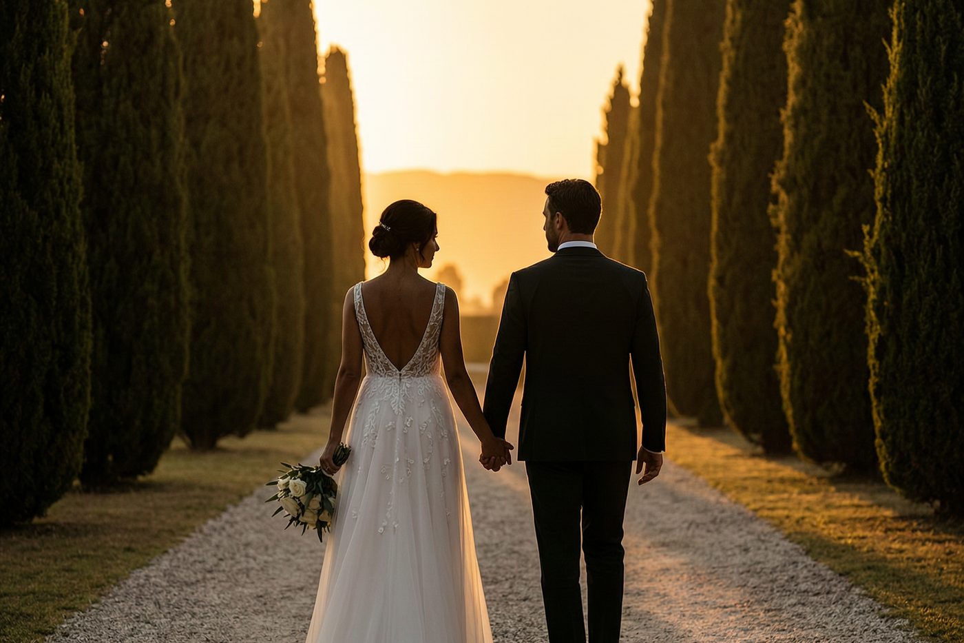 Coppia di sposi nel viale al tramonto