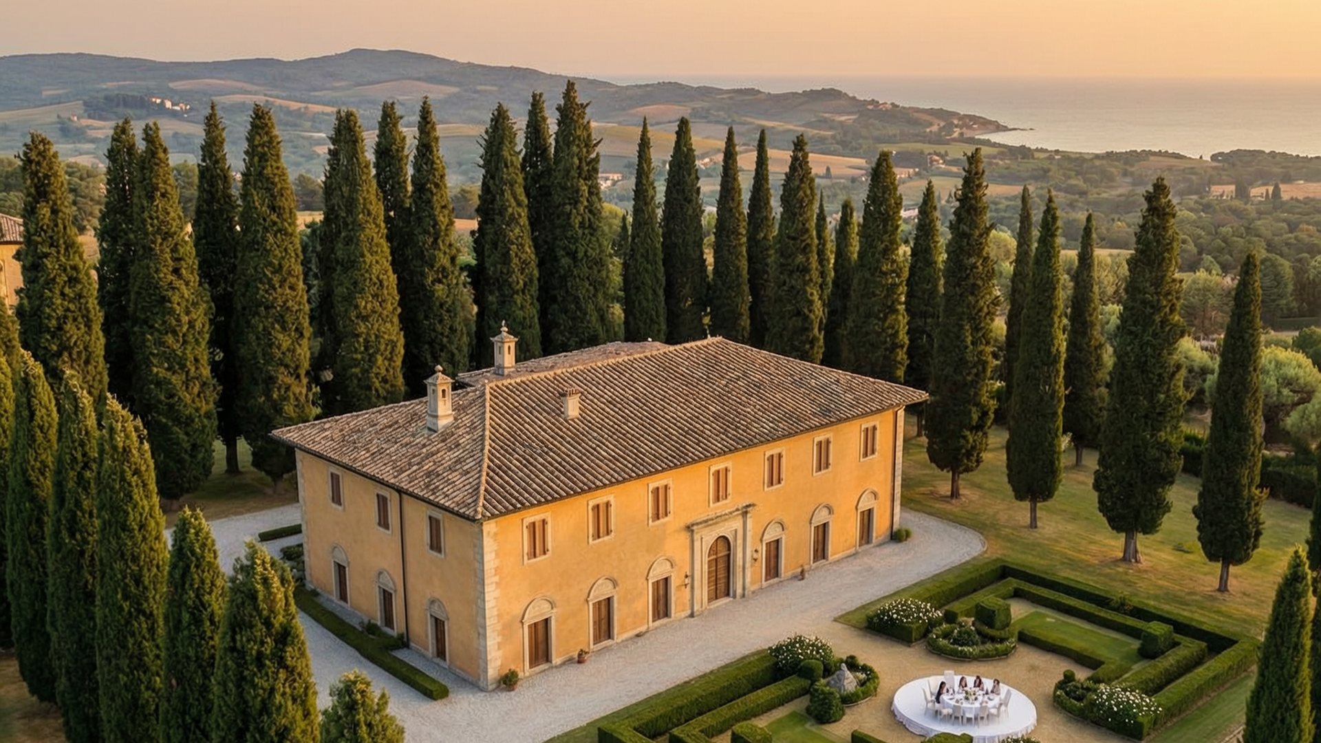 La Versiliana: la villa e il parco al tramonto