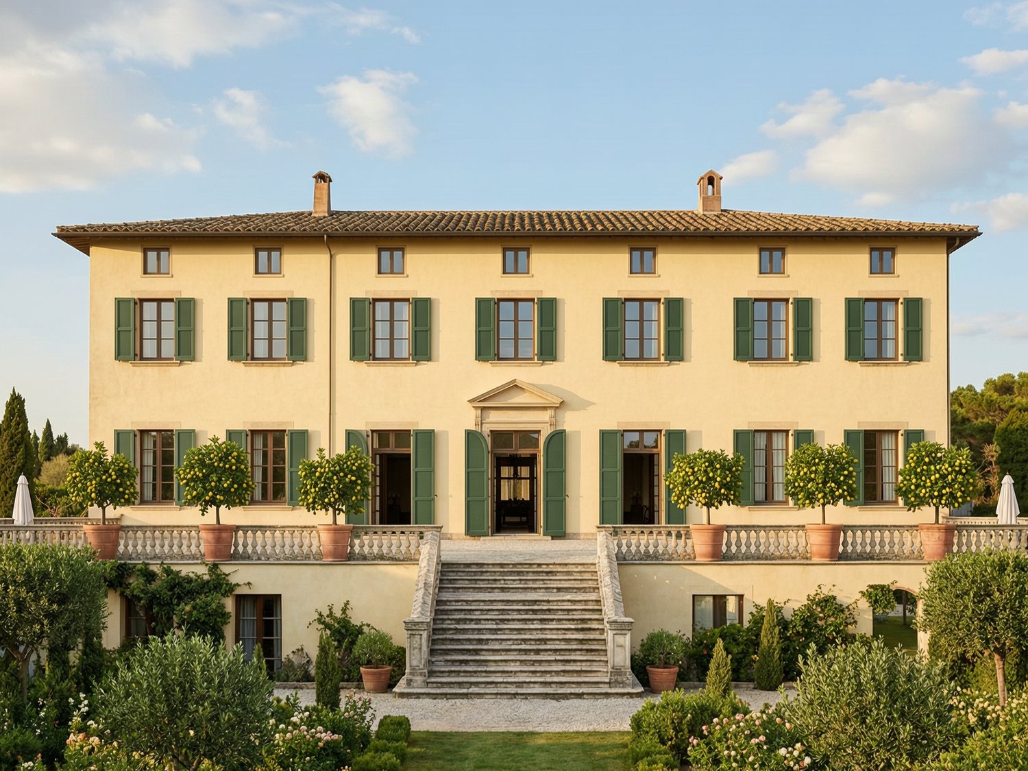 La facciata della villa e il giardino